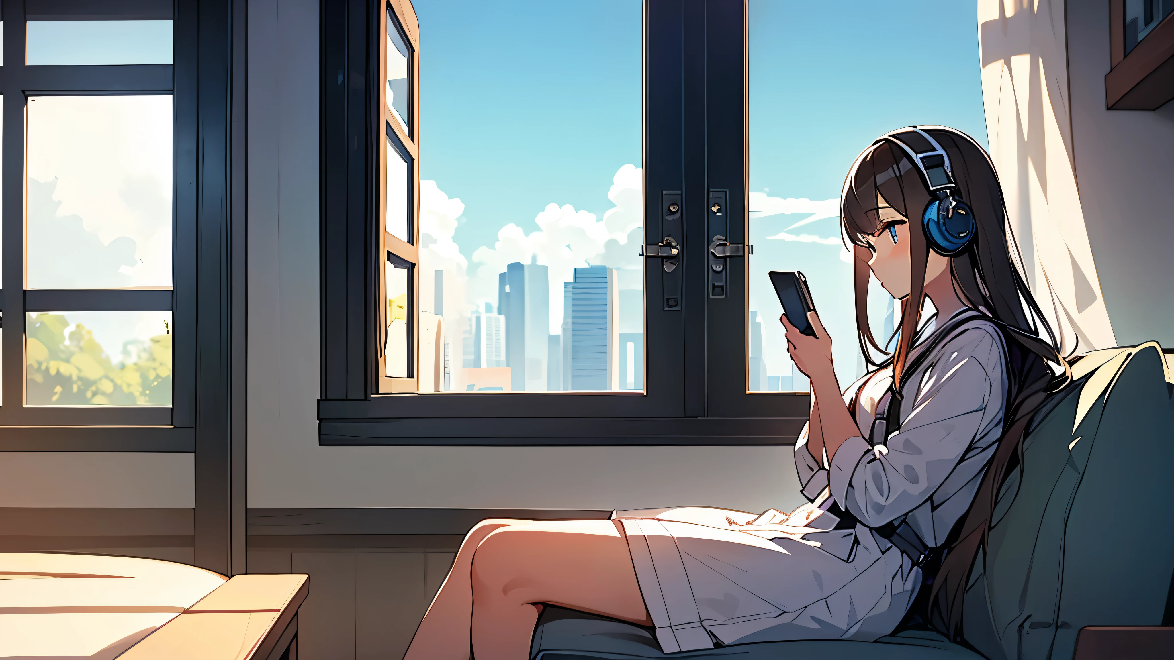 Girl wearing headphones, , Sitting by the window,Wearing white suspender pajamas,Good figure,The girl's front is a,Only the side face of the girl can be seen,Very beautiful girl,It's raining outside the window at night