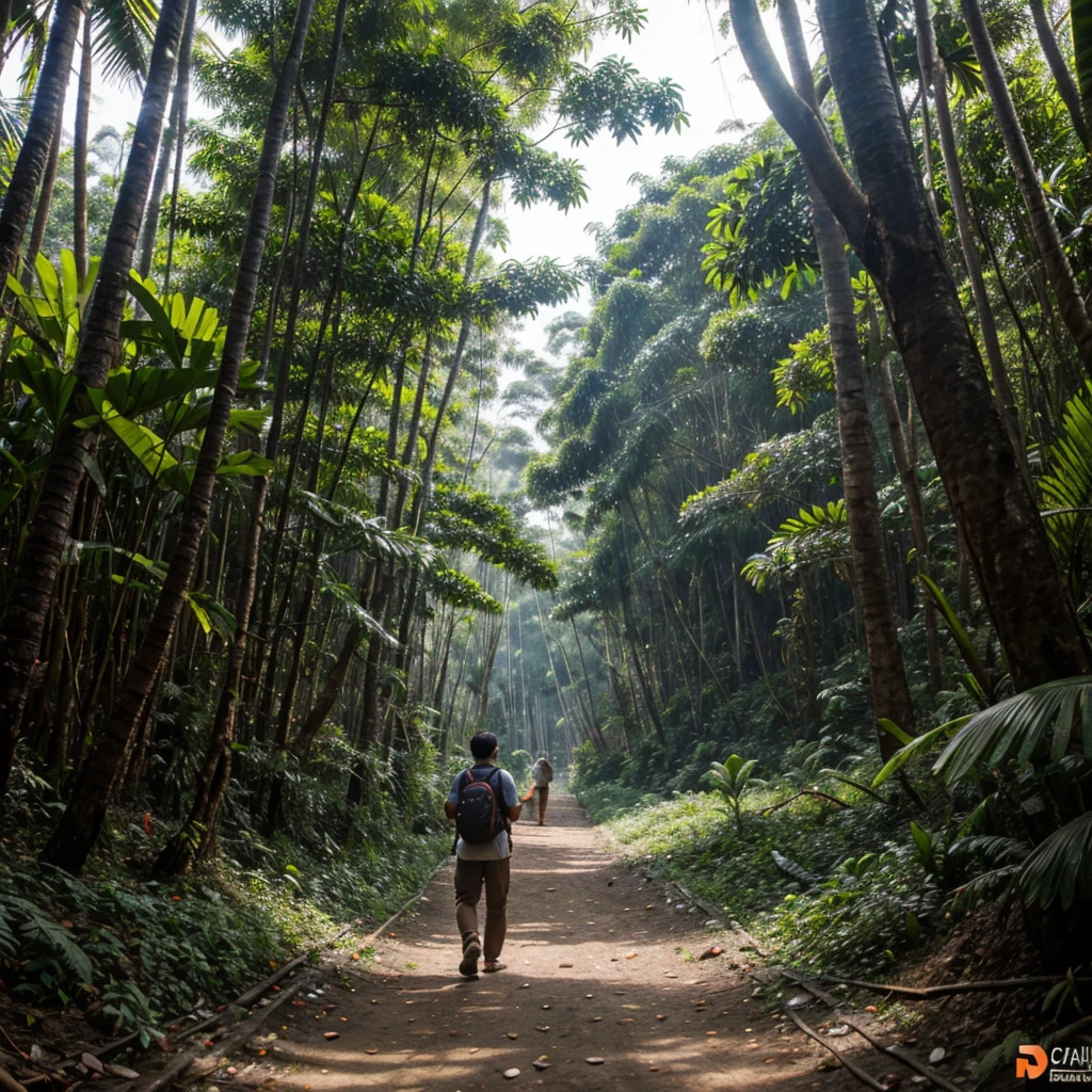 Jalan sempit di tengah hutan yang lebat. Pemandangan khas alam Indonesia. Detail dan natural. Efek lukisan realistik