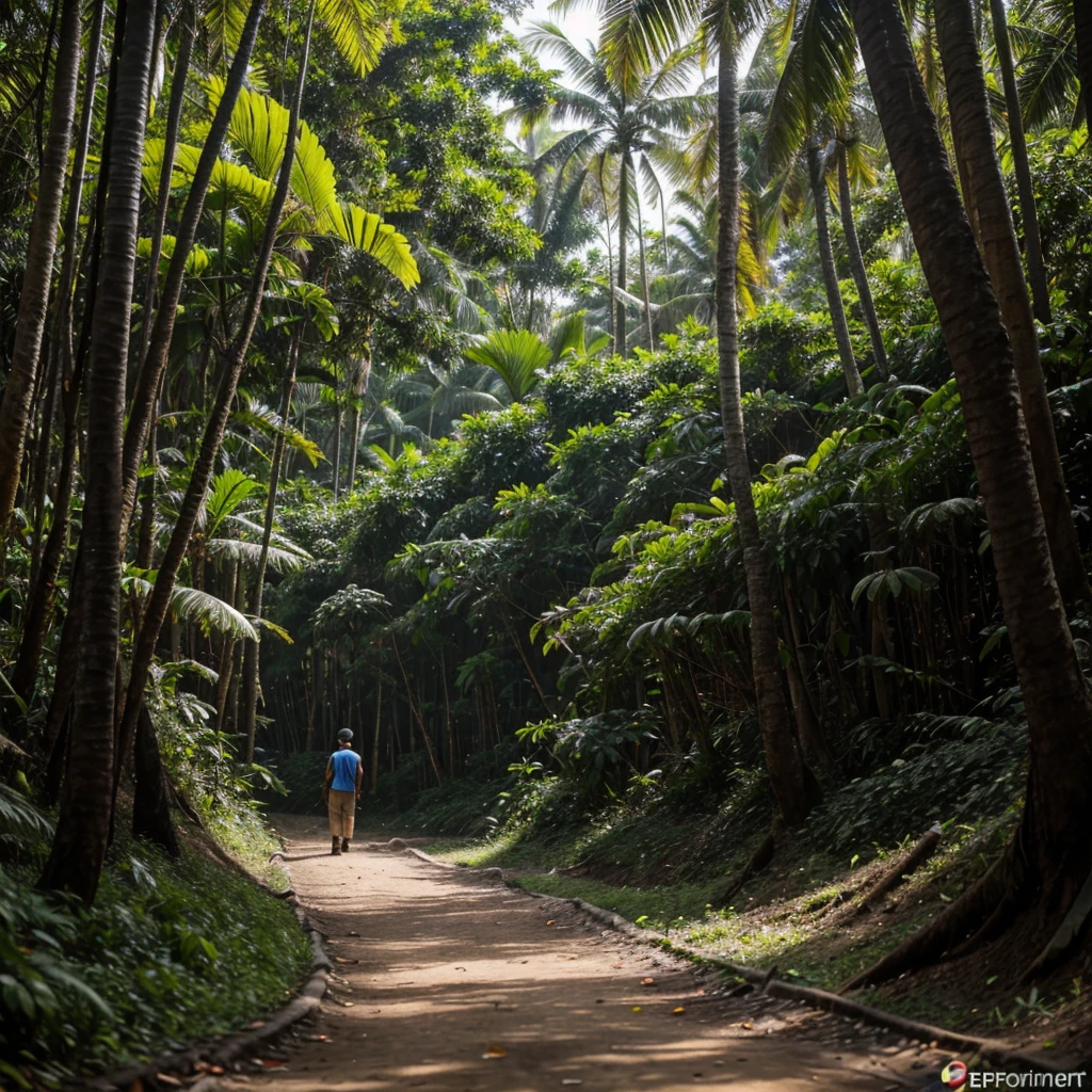 Jalan sempit di tengah hutan yang lebat. Pemandangan khas alam Indonesia. Detail dan natural. Efek lukisan realistik