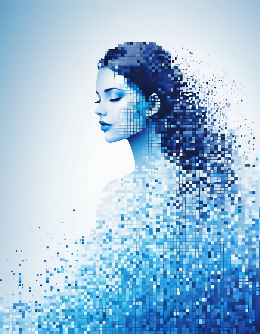 Beautiful woman in blue gradient dissolving pixel wall&#39;of the head，3D Voxel Blocks，A structure that was initially intact but gradually disintegrated in the air，Sunlight shines through the hollowed-out，Background Universe