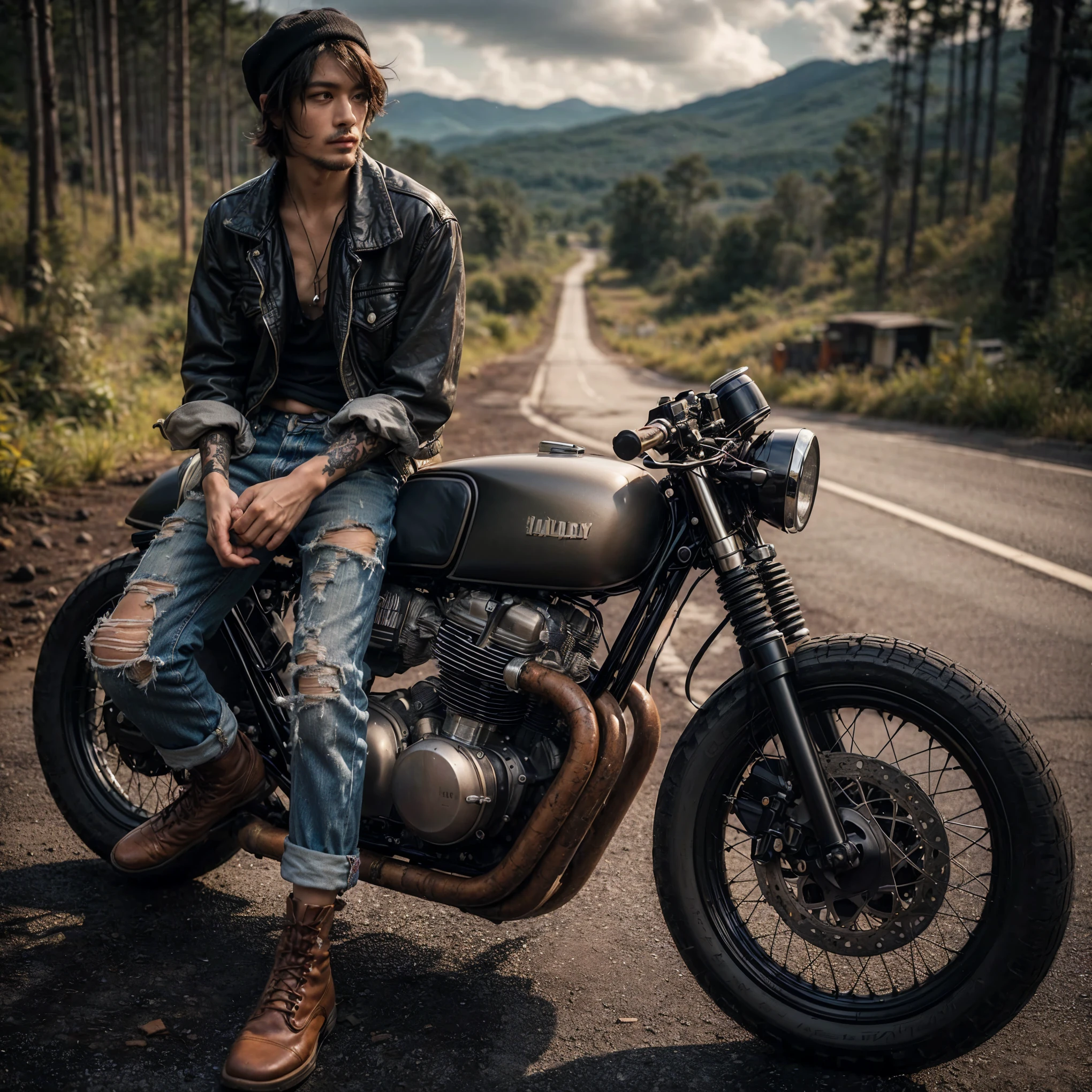 1980s, cafe racer, Harley Davidson, man, riders wear, beautiful face, torn pants, very intricate details, clean paint, single road in wilderness, realistic photo, taken with Fuji film X-T30+Nokton. HDR10