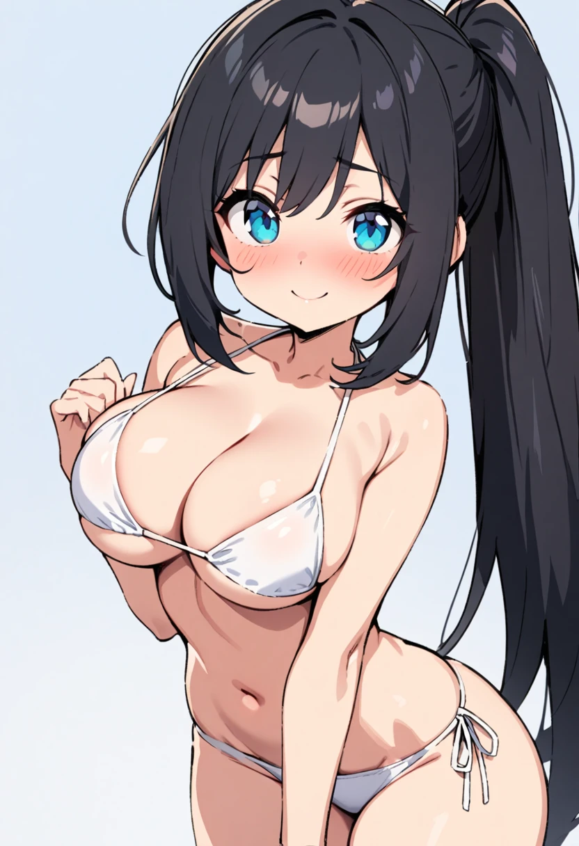 White Bikini,Slim body,Large Breasts,I can see her cleavage,Blushing,Smiling face,woman(Semi-ponytail,,Black Hair,Blue eyes),Masterpiece,2D taste,looking at the camera