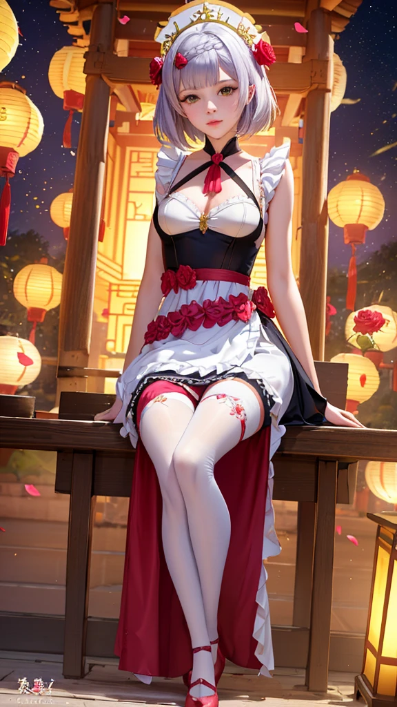 (masterpiece, best quality, ultra-detailed, best shadow), (detailed background,lantern, temple, shrine), (beautiful detailed face), high contrast, (best illumination, an extremely delicate and beautiful), ((cinematic light)), colorful, hyper detail, dramatic light, intricate details, (a picture of an anime girl with flowers on it, wearing a dress, noelle (genshin impact), yellow eyes, 1girl, looking at viewer, medium breasts, chinese style, hair ornament, hair flower, short hair, solo, mais dress, maid headdress, roses on focus, seat, lanterns, lanterns rite, shrine, temple, sanctuary, braided bangs, silver hair, night, noelle_\(genshin_impact), short_hair medium_breasts rose red_flowerhair_flower,Noelle (Genshin Impact), silver hair, green eyes, short hair, maid outfit, apron, headband, thigh band pantyhose, heels, roses