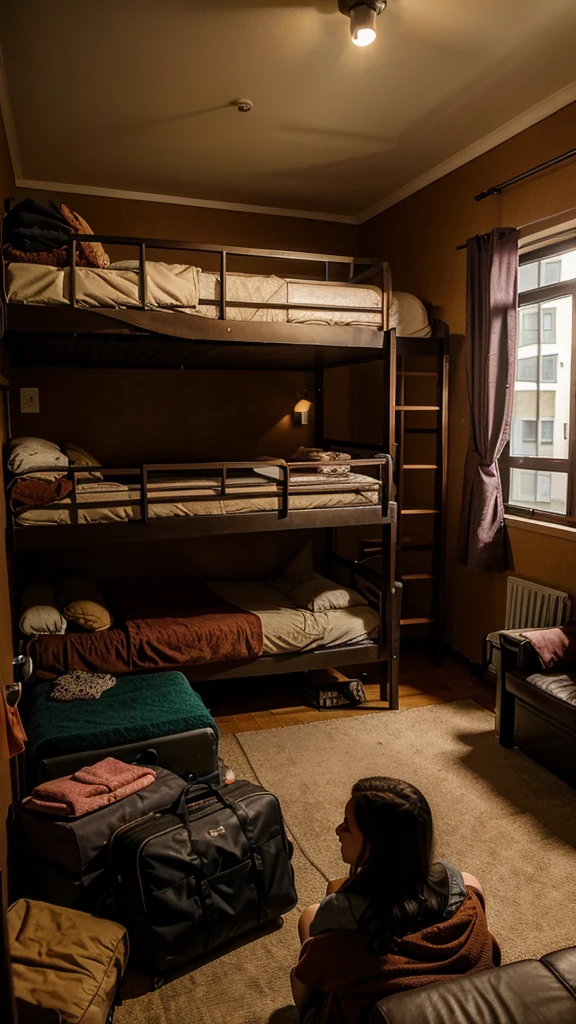 Three travelers meeting in a cozy hostel common room, with various luggage around and a warm atmosphere