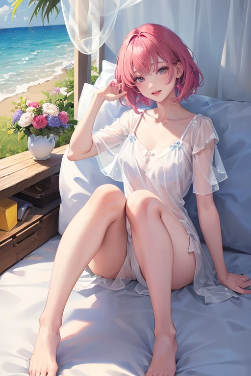 (Highest resolution, clear_image) Highest quality, a female's masterpiece, Very detailed, Semi-realistic,(Most of the body), (Highest quality, masterpiece, Ultra-realistic),Magenta hair, Straight Cut, , , Shadows appear in the eyes, short hair, ,Part your bangs in the center、I can see your forehead, ,,、The whole body from head to foot、Pajamas、、Full body shot to the toes、The way you pamper yourself in the port town、、Laugh innocently like a 、Relax in the bedroom、Lying down、See-through下着、、See-through、cute、A happy smile、Playing pranks