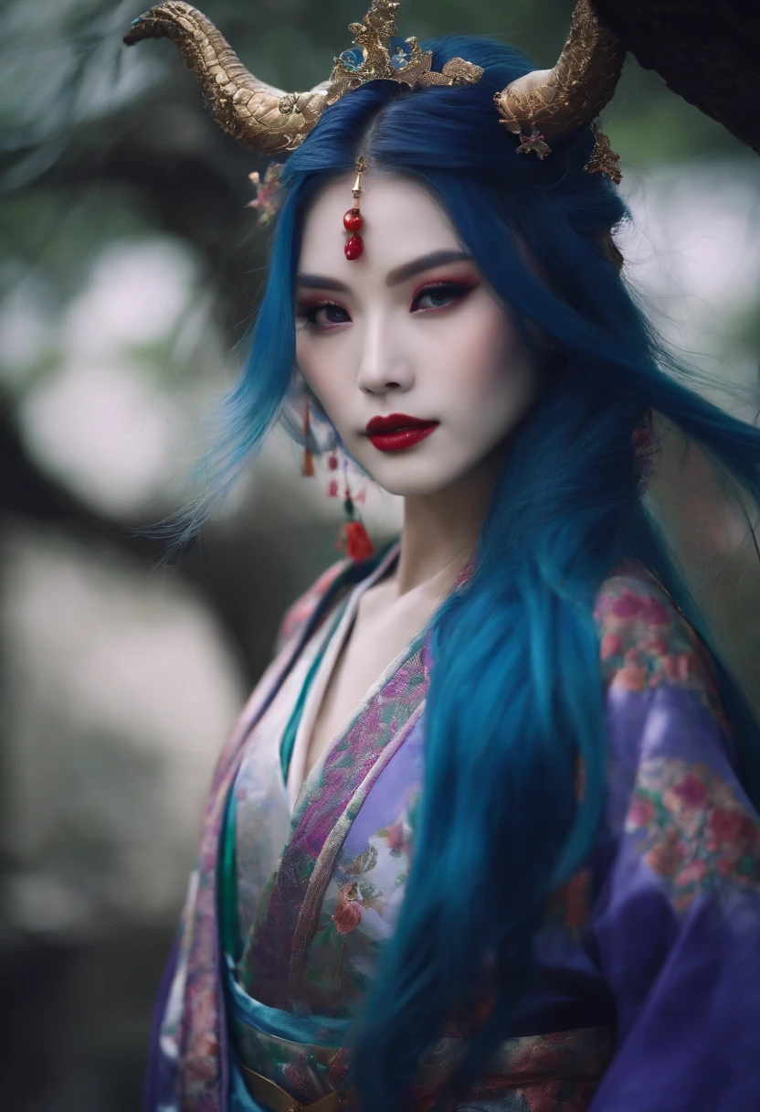 ((((  Theme: Demon Realm))))、 Blue and purple hair Long hair、 With a long, narrow face、Fair skin、Gorgeous kimono