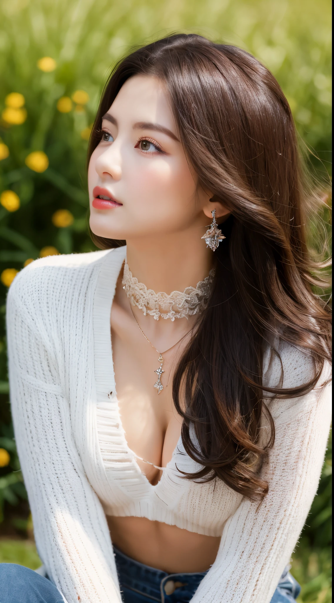 Highest quality, Ultra-high resolution, (Realistically:1.4),Jewel Girl,One girl, Have long curly hair,Looking into the distance,Huge cleavage,Cropped red sweater,atmosphere,Beautiful woman with slim figure:1.4, Abdominal muscles,Ultra-fine face,A sophisticated eye,double eyelid,Choker Necklace