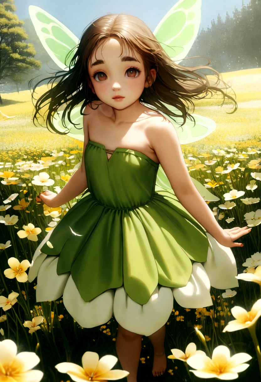 (((JPGND))), masterpiece, Highest quality, (One girl), Ultra-Realistic Capture, Very detailed, High resolution 16k, ((whole body)), Round face, Cute Fairy, Tinkerbell, Dark brown eyes, Thin lips, Thin eyebrows, Flying through a spring flower field, Wearing a green strapless dress, Fly High, interesting, Happy