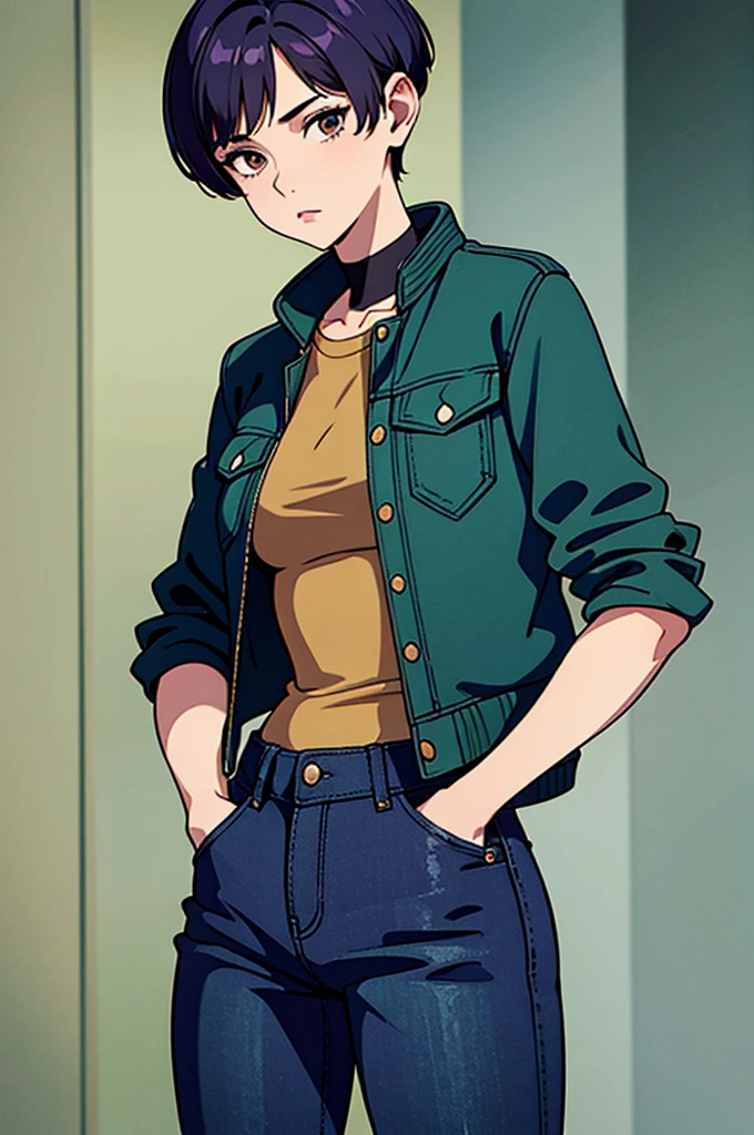 Young woman, short violet hair, pixie cut, brown eyes, green crop-top, blue jacket, black jeans, hands in pockets, facing camera