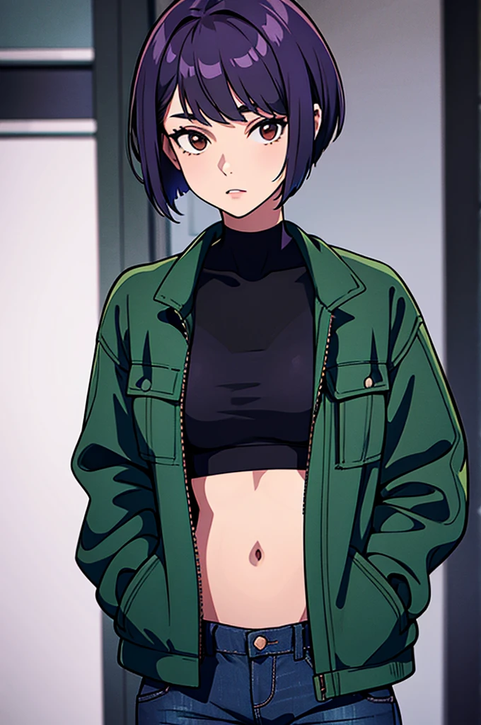 Young woman, short violet hair, pixie cut, brown eyes, green crop-top, blue jacket, black jeans, hands in pockets, facing camera
