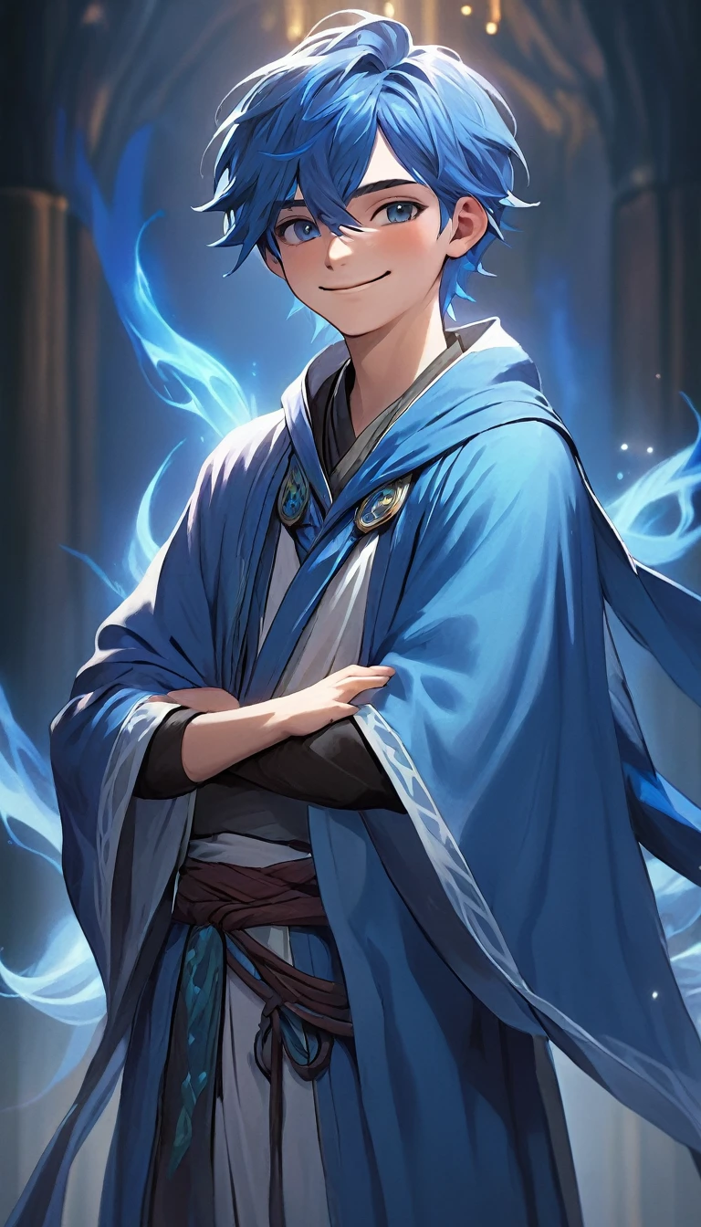 a 20 year old boy smiling with crossed arms,mage's robe,looking straight,blue hair,(best quality,4k,8k,highres,masterpiece:1.2),ultra-detailed,(realistic,photorealistic,photo-realistic:1.37),cinematic lighting,epic fantasy,dramatic scene,volumetric fog,intricate details,dramatic shadows,vibrant colors