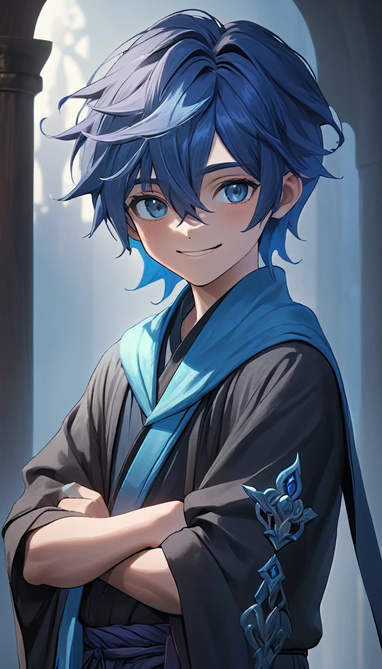 a 20 year old boy smiling with crossed arms,mage's robe,looking straight,blue hair,(best quality,4k,8k,highres,masterpiece:1.2),ultra-detailed,(realistic,photorealistic,photo-realistic:1.37),cinematic lighting,epic fantasy,dramatic scene,volumetric fog,intricate details,dramatic shadows,vibrant colors
