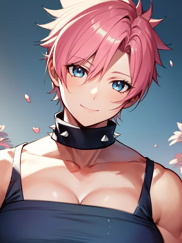 ((spiked hair)), ((tomboy)), ((muscular)), ((short hair)), ((light pink hair)), ((light blue eyes)), ((cheerful expression)), (shinobi clothing)), ((light skin)), ((flowers)), ((complementary colors)), ((mature female)), 1girl, beautifully drawn, high resolution illustration, best quality, High definition, ((detailed anime sketch)), Masterpiece, (solo), absurdres, portrait, ((upper body)), detailed background, fine detail, female focus, HDR,