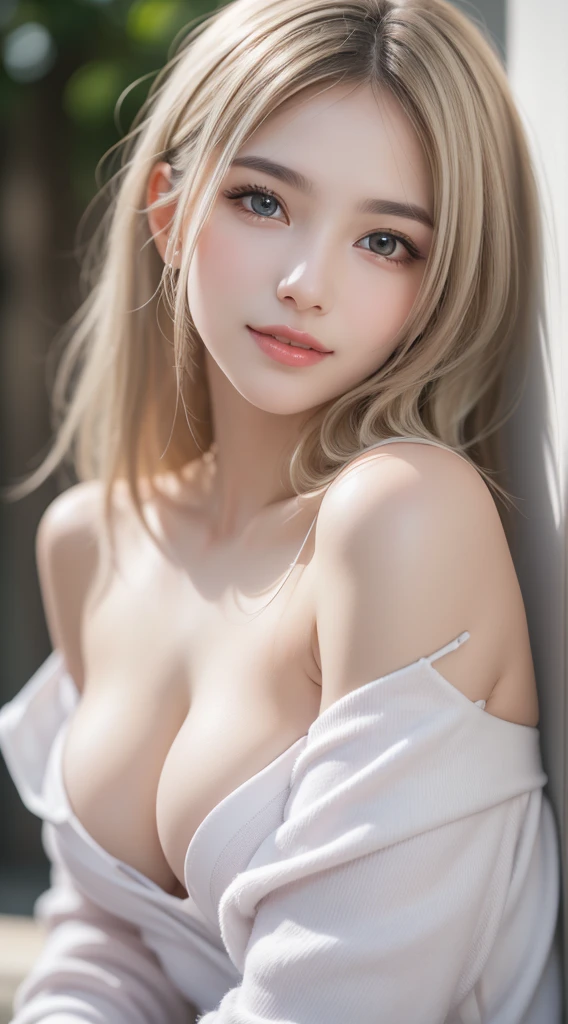 ((Highest quality、masterpiece:1.3))、((Russian beauty))、1 female、18-year-old、Big Breasts:1.3、Slim figure:1.1、Gorgeous white skin、Platinum Blonde Short Hair、(Beautiful belly, Shaved, Completely naked:1.3)、Highly detailed face、Lip details、Detailed eyes、double eyelid、((((Beautiful breasts, Pink nipples, Small face, Young face))), (Sideboob, chest facing upwards), ((topless, Narrow waist)), Beautiful waist, Whitening, Blurred Background, (((Young Face))), ((Straight hair, Down Bangs)), bright, Beautiful pale blue eyes shining like jewels、Wide Shot, 1 Girl, Beautiful and cute 16-year-old beautiful girl、Beautiful Bangs、Very beautiful face、bright表情、bright and dazzling platinum blonde、Eyebrows behind the bangs、((Completely naked))、Textured white skin, Highest quality, 4K High Resolution、