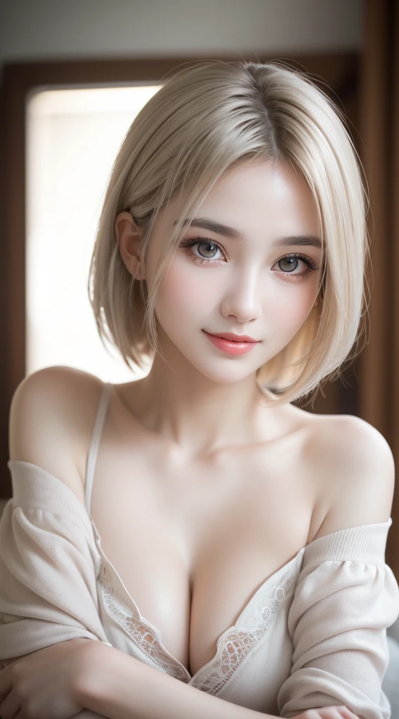 1 female, (Ultra Practical, high resolution), (Very detailed eyes, Highly detailed hair, Highly detailed face, Plump lips with rich details), (off shoulder with open breast), breast, Upper Body, Find a smile, Silver-blonde hair, (best quality:1.4), RAW photos, (Practical, photo-Practical:1.37), Professional photography, light, (Delicate face: 1.2),