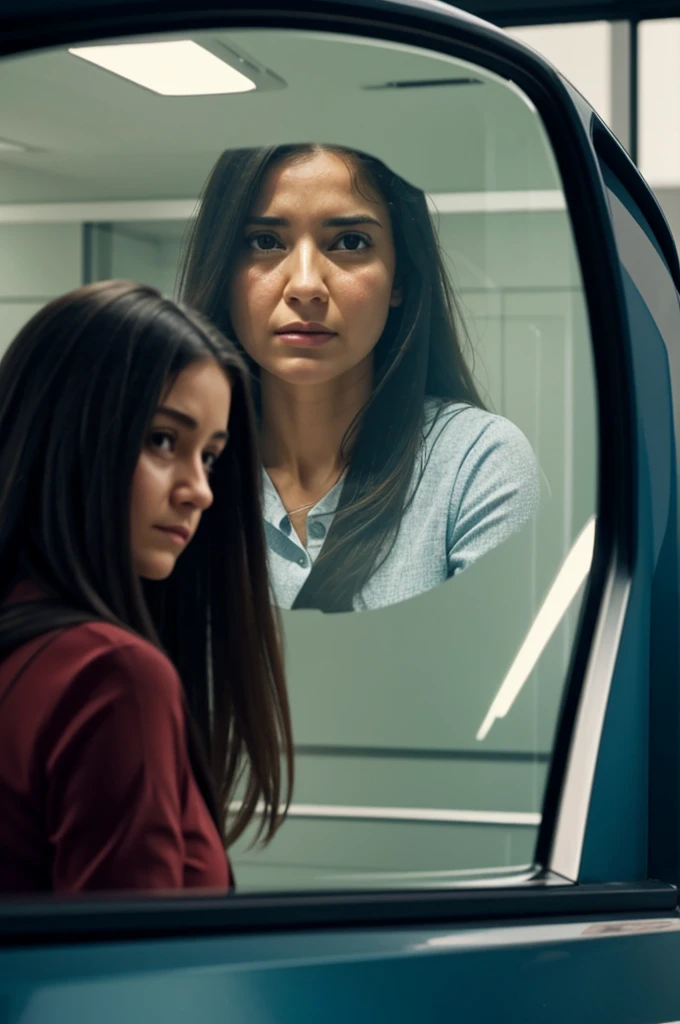 Realistic animated image of a full-body woman looking at herself in a side mirror and a sad and crying girl is reflected in the glass as if it were her but she is small 