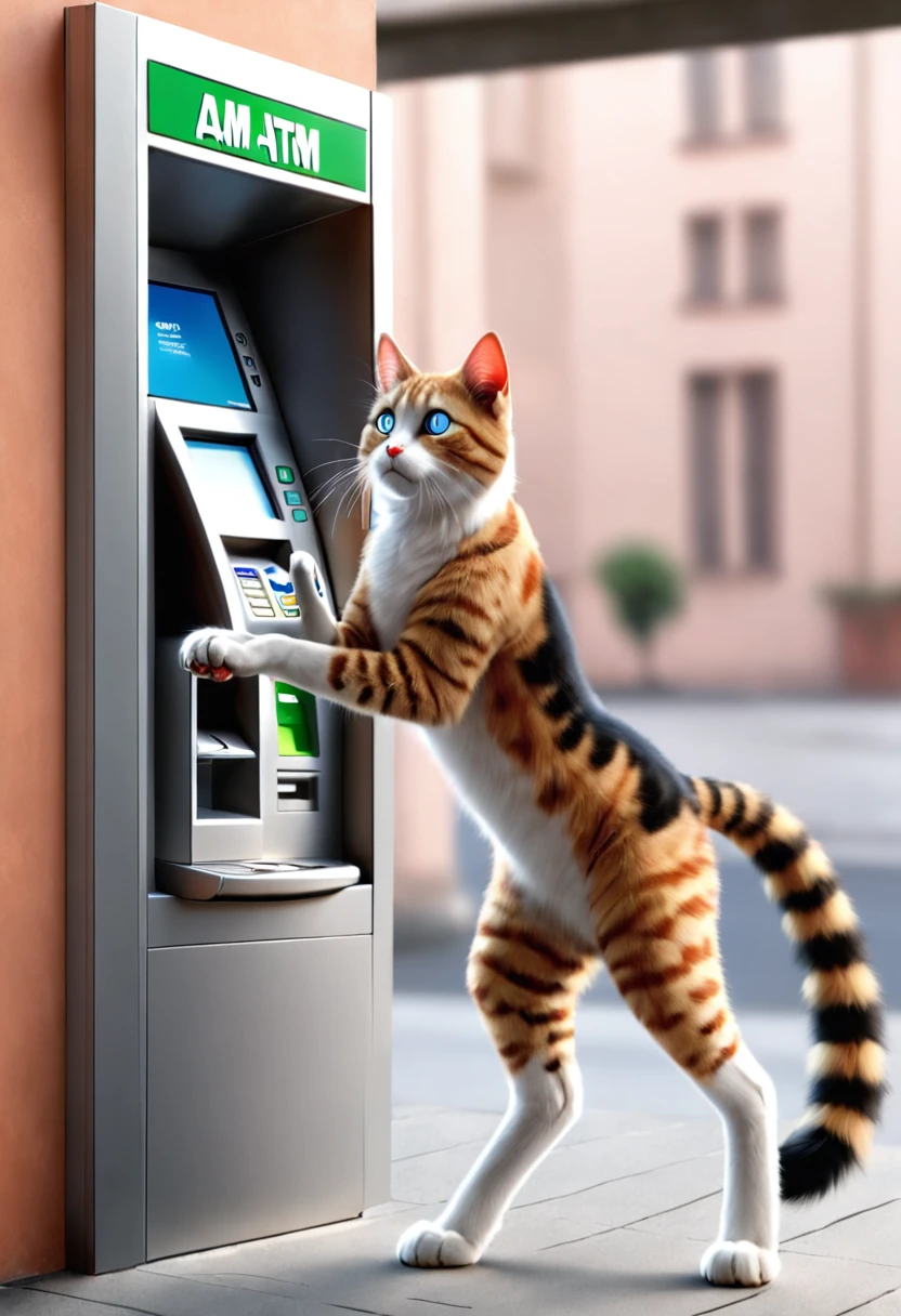 A clever cat standing on its hind legs, using its paw to withdraw money from an ATM machine, with a surprised expression.