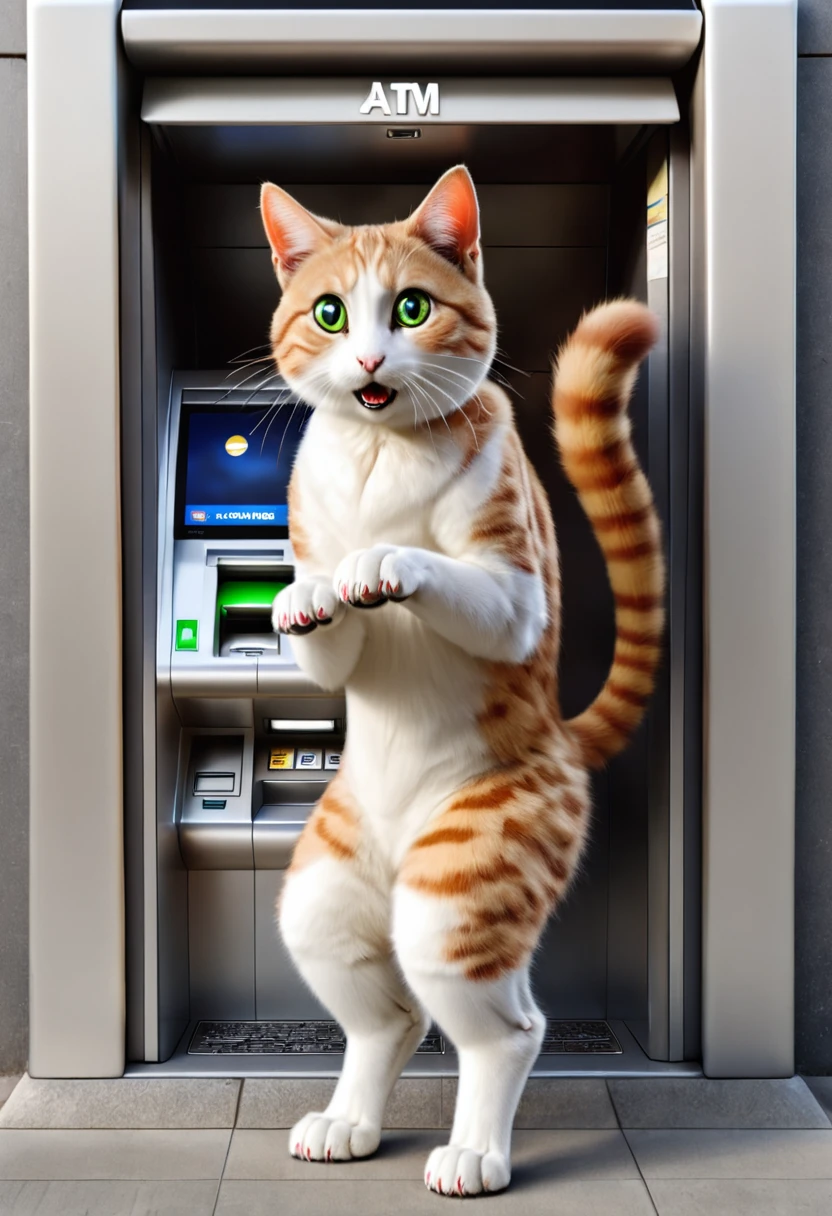 A clever cat standing on its hind legs, using its paw to withdraw money from an ATM machine, with a surprised expression.