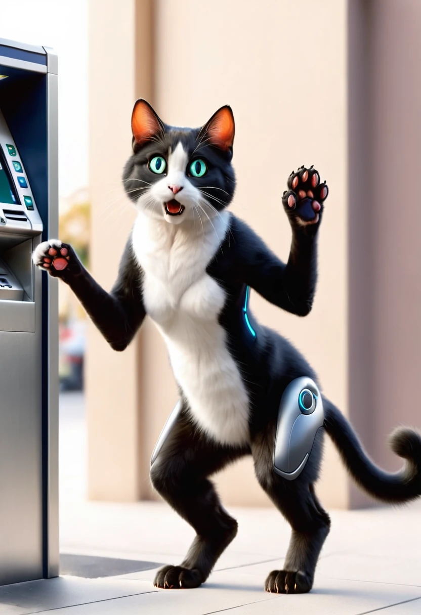 A clever cat standing on its hind legs, using its paw to withdraw money from an ATM machine, with a surprised expression.
