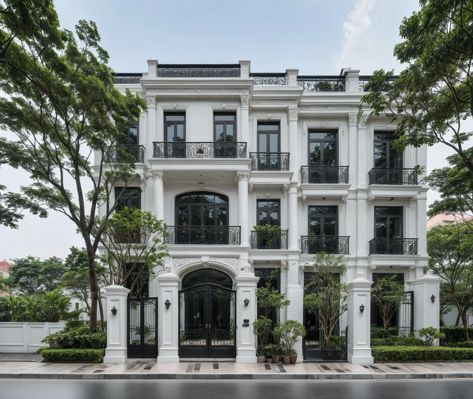 RAW photo,Exterior neo classic house, Inspired by French architecture, neo classic style, black and white, ((Highly detailed sculpted cornices at the tops of columns and walls)), French style roof, townhouse in residential area, The building is located in an urban area of Hanoi Vietnam, mix white and black steel facade, facing the road, (sidewalks), (sidewalk trees), (gate), (ultra realistic), (super high details:1.5), clean white sky, natural lighting, (curvilinear architecture:1.2), (sharpen:1.2), 8k uhd, dslr, soft lighting, high quality, film grain, Fujifilm XT3