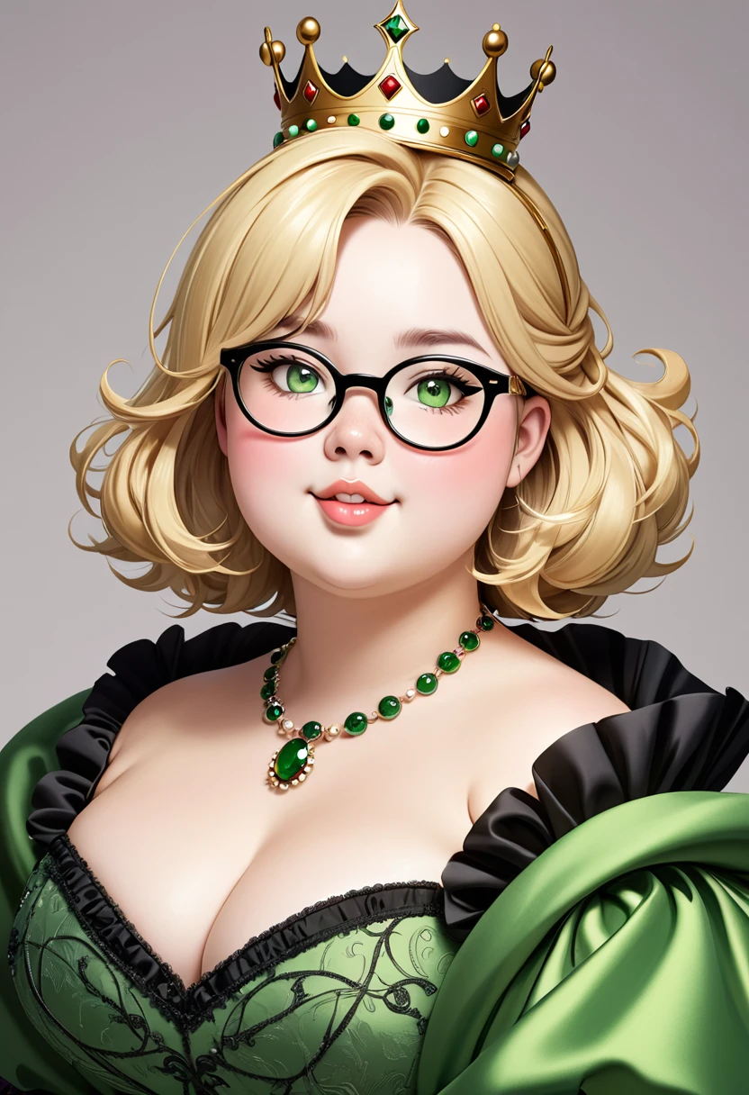chubby girl, Blonde with green eyes, medium length hair, open forehead, round facial features, glasses with black square frames Ball gown, royal crown