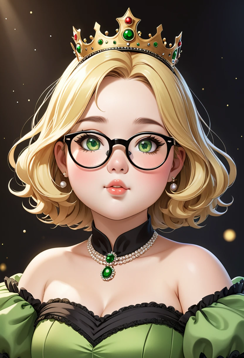 chubby girl, Blonde with green eyes, medium length hair, open forehead, round facial features, glasses with black square frames Ball gown, royal crown