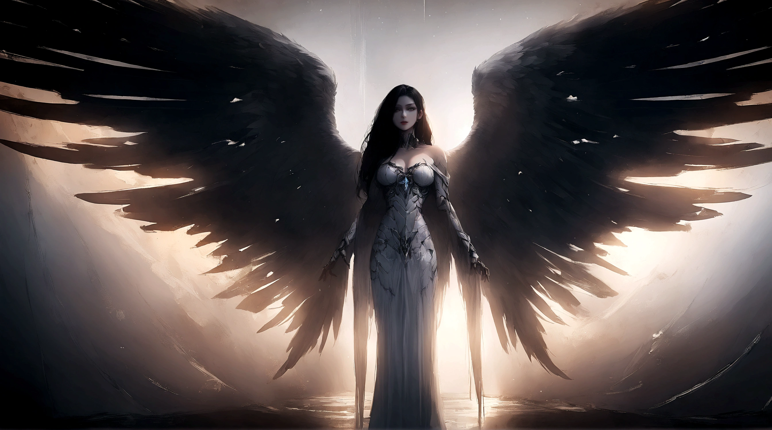 arafed image of a woman with wings in a dark room, angel with black wings, villainess has black angel wings, super wide angel, beautiful female angel, beautiful cyborg angel girl, epic angel wings, full - body majestic angel, dark angel, angel knight gothic girl, of beautiful angel, tall female angel, beautiful angel, an angel of the dawn light