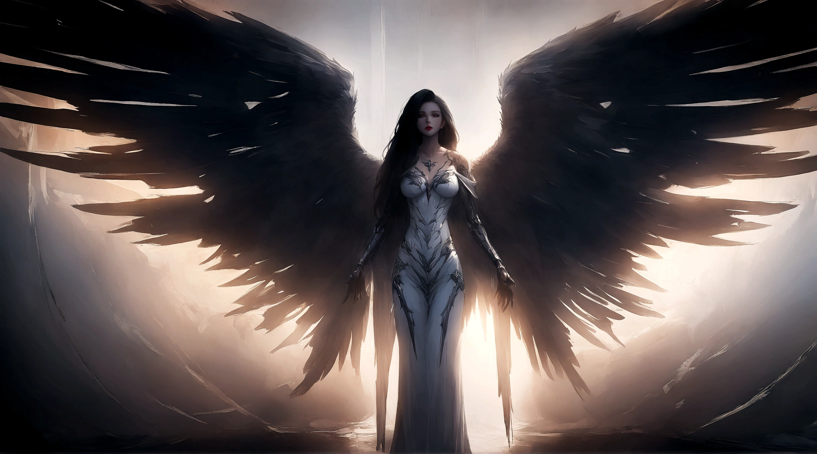 arafed image of a woman with wings in a dark room, angel with black wings, villainess has black angel wings, super wide angel, beautiful female angel, beautiful cyborg angel girl, epic angel wings, full - body majestic angel, dark angel, angel knight gothic girl, of beautiful angel, tall female angel, beautiful angel, an angel of the dawn light