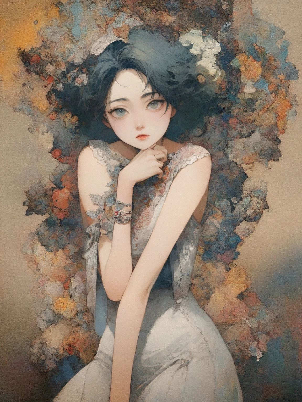 Create a potrait dramatic contemporary digital art from a collage mixed with elements of retro, surrealism, and vintage aesthetics, centering on a intricate details full body of beautiful woman with dramatic blank stare with a pose that is not stiff, details hand