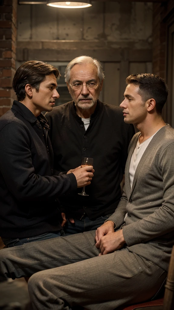 Three men of different ages: an old man of sixty, a middle-aged man of forty-five, and a young man of thirty, sitting together and talking."