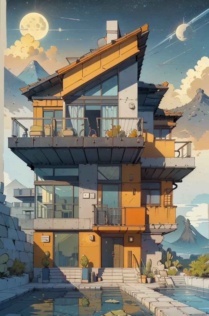 An illustration in collage style, with giant boulders, brutalist building sections, terraces, stairs, cacti, agave, concrete texture, multiple geometric shapes, hatch and cross hatching, planet saturn, volcano, moon, Luis Barragán's architectural style build, milky way galaxy, violet, one motorcycle, An illustration in collage style, with giant boulders, brutalist building sections, stairs, cacti, agave, concrete texture, multiple geometric shapes, hatch and cross hatching, planet saturn, volcano, moon, Luis Barragán's architectural style build, reflective pool, terraces. An elegant and modern build, in top of big boulders, with terraces, materials concrete, wood, steel and crystal, various gardens with tropical vegetation, cacti and rocks, stairs, a pool. In middle of sea, a big wave near, sunset, mountains and a volcano in the horizont, cute islands around, illustration format, cute color palette, detailed, masterpiece, award-winning work, clouds, Illustration, a garden with abundant cacti, ((various organic sculptures)), ((big rocks)), (((multiple sections))), collage style, detailed, (((color palette (olive green), (Mustard orange), cool grey, ((blue)), black and white))), (((a lot Luis barragán's architecture style builds))) big clouds, volcano in horizon, stairs, in the desert. ((masterpiece, best quality)),illustration,ultra detailed 8k, ((Ori Toor visual style)),soviet, megabuildings, megastructures, buildings, organic steel sculpture