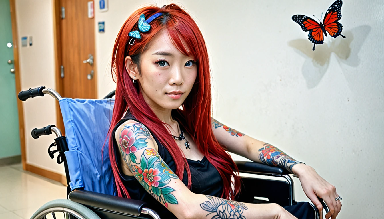 Uhd, (photo of Cami, subject: Noriko, 1/2 Japanese 1/2 Hainu skinny girl with long red hair in a 2/00 large wheelchair, blue+++ eyes, oval face, LGBTQIA+, queer, punk style, dressed in colors, buttefly hairclip, tattooes. She is in the hospital) + (A doctor extracts her blood using the noodle on her arm)