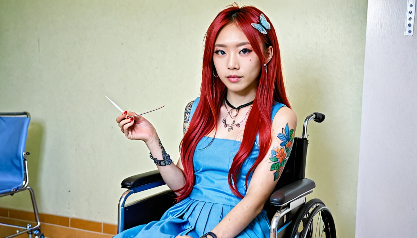 Uhd, (photo of Cami, subject: Noriko, 1/2 Japanese 1/2 Hainu skinny girl with long red hair in a 2/00 large wheelchair, blue+++ eyes, oval face, LGBTQIA+, queer, punk style, dressed in colors, buttefly hairclip, tattooes. She is in the hospital) + (A doctor extracts her blood using the noodle on her arm)