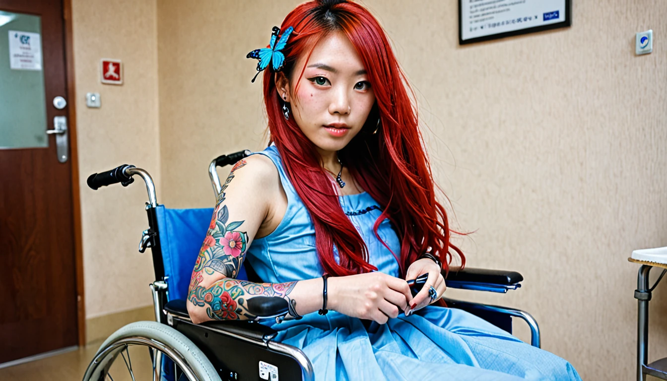 Uhd, (photo of Cami, subject: Noriko, 1/2 Japanese 1/2 Hainu skinny girl with long red hair in a 2/00 large wheelchair, blue+++ eyes, oval face, LGBTQIA+, queer, punk style, dressed in colors, buttefly hairclip, tattooes. She is in the hospital) + (A doctor extracts her blood using the noodle on her arm)