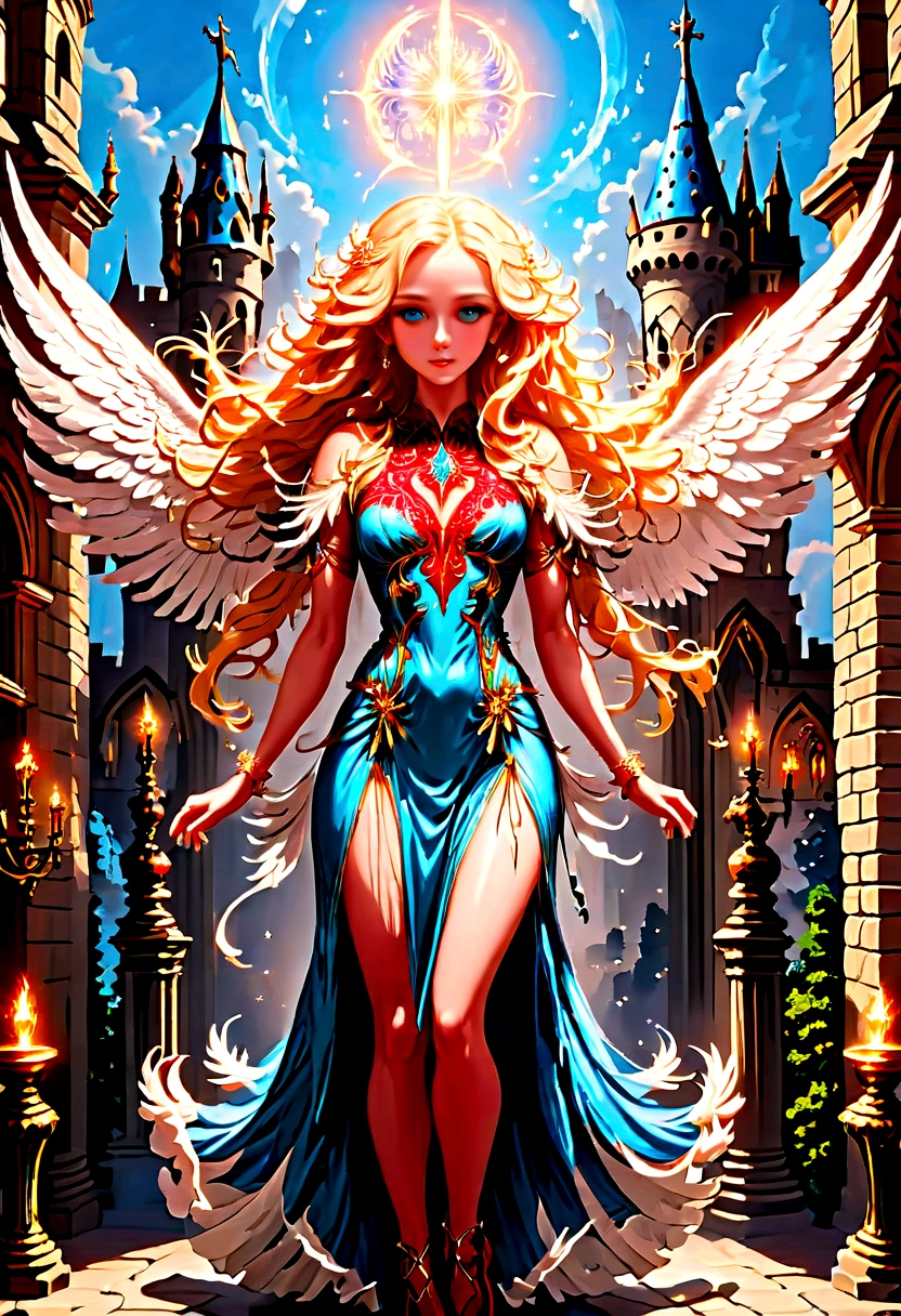 Arafed, a picture of a female angel in high society prom event, divine beautiful female angel, blond hair, long hair, flowing hair, the hair glows in a soft light, cerulean eyes, deep light eyes, divine beautiful face, folded white feather wings, she wears a red evening dress, elegant, intricate detailed dress, silk dress, she wears elegant high heeled boots, exquisite high heeled boots, she stands on the porch of a fantasy castle, dynamic angle, soft torch light, (Masterpiece: 1.5), 16k, highres, best quality, high details, ultra detailed, masterpiece, best quality, (extremely detailed), AngelStyle, GlowingRunesAI_paleblue, Angels Elemental, bj_Devil_angel