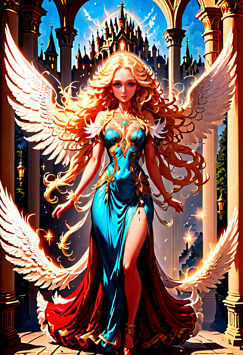 Arafed, a picture of a female angel in high society prom event, divine beautiful female angel, blond hair, long hair, flowing hair, the hair glows in a soft light, cerulean eyes, deep light eyes, divine beautiful face, folded white feather wings, she wears a red evening dress, elegant, intricate detailed dress, silk dress, she wears elegant high heeled boots, exquisite high heeled boots, she stands on the porch of a fantasy castle, dynamic angle, soft torch light, (Masterpiece: 1.5), 16k, highres, best quality, high details, ultra detailed, masterpiece, best quality, (extremely detailed), AngelStyle, GlowingRunesAI_paleblue, Angels Elemental, bj_Devil_angel