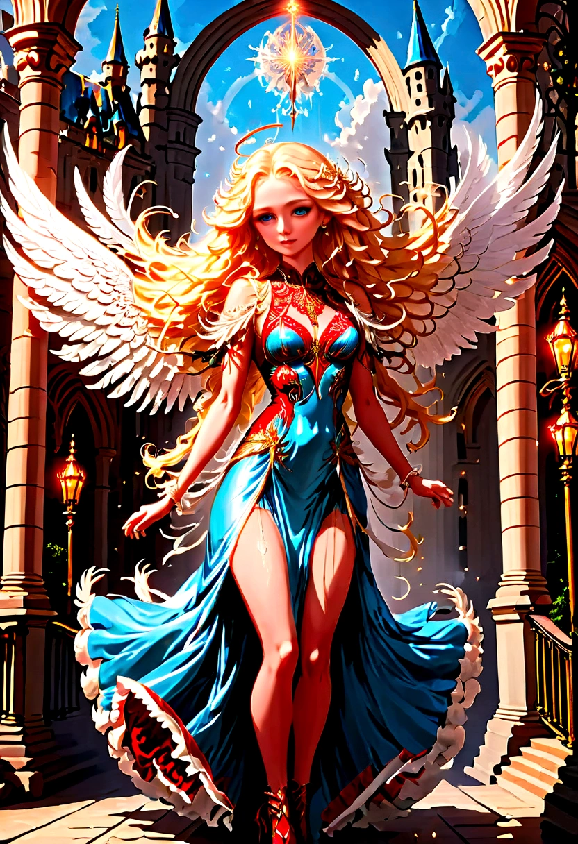 Arafed, a picture of a female angel in high society prom event, divine beautiful female angel, blond hair, long hair, flowing hair, the hair glows in a soft light, cerulean eyes, deep light eyes, divine beautiful face, (spread white feather wings: 1.1), she wears a ((pink evening dress: 1.2)), elegant, intricate detailed dress, silk dress, small cleavage, some crystals on the dress, she wears elegant knee high heeled boots, exquisite high heeled boots, she stands on the porch of a fantasy castle, dynamic angle, soft torch light, (Masterpiece: 1.5), 16k, highres, best quality, high details, ultra detailed, masterpiece, best quality, (extremely detailed), AngelStyle, GlowingRunesAI_paleblue, angel_wings, Angel