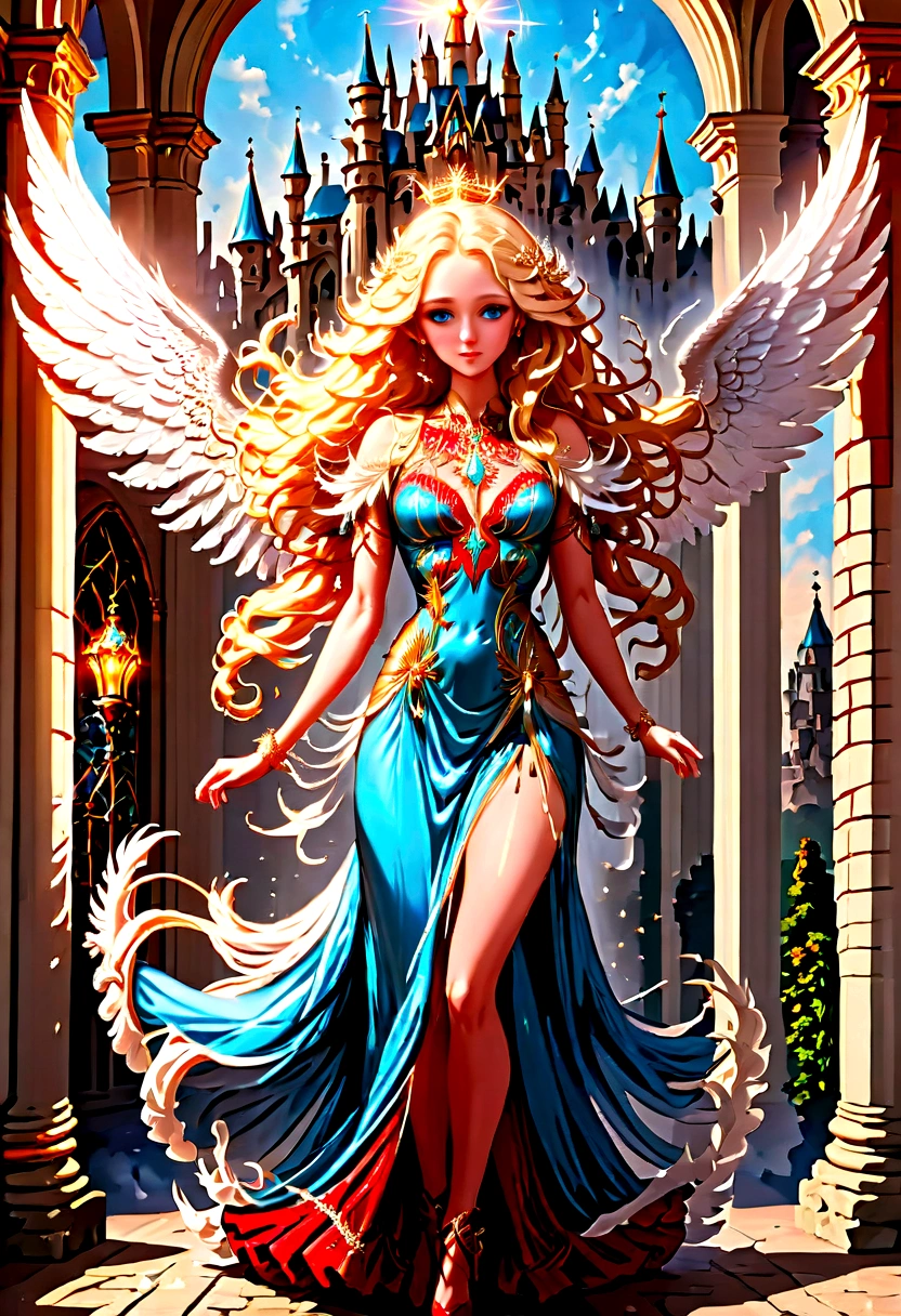 Arafed, a picture of a female angel in high society prom event, divine beautiful female angel, blond hair, long hair, flowing hair, the hair glows in a soft light, cerulean eyes, deep light eyes, divine beautiful face, folded white feather wings, she wears a red evening dress, elegant, intricate detailed dress, silk dress, she wears elegant high heeled boots, exquisite high heeled boots, she stands on the porch of a fantasy castle, dynamic angle, soft torch light, (Masterpiece: 1.5), 16k, highres, best quality, high details, ultra detailed, masterpiece, best quality, (extremely detailed), AngelStyle, GlowingRunesAI_paleblue, Angels Elemental, bj_Devil_angel