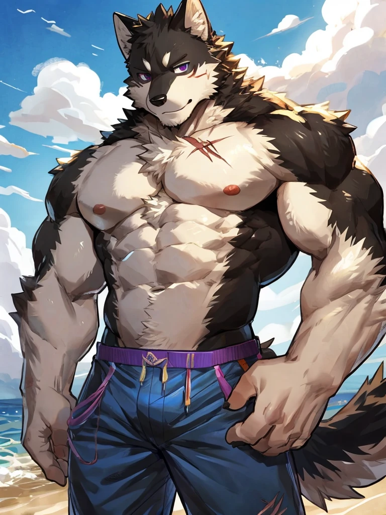 embedding:black wolf, male,purple eyes,Scar on the face, scar on the body,Single Person,beach pants,Mature, Beach background,The highest quality of scene detail,adult,Tall and powerful,muscle,Best quality hands, best quality eye,detailed fur,Delicate eyes.Extreme picture quality,by sollyz,by zixiong,by milkytiger1145