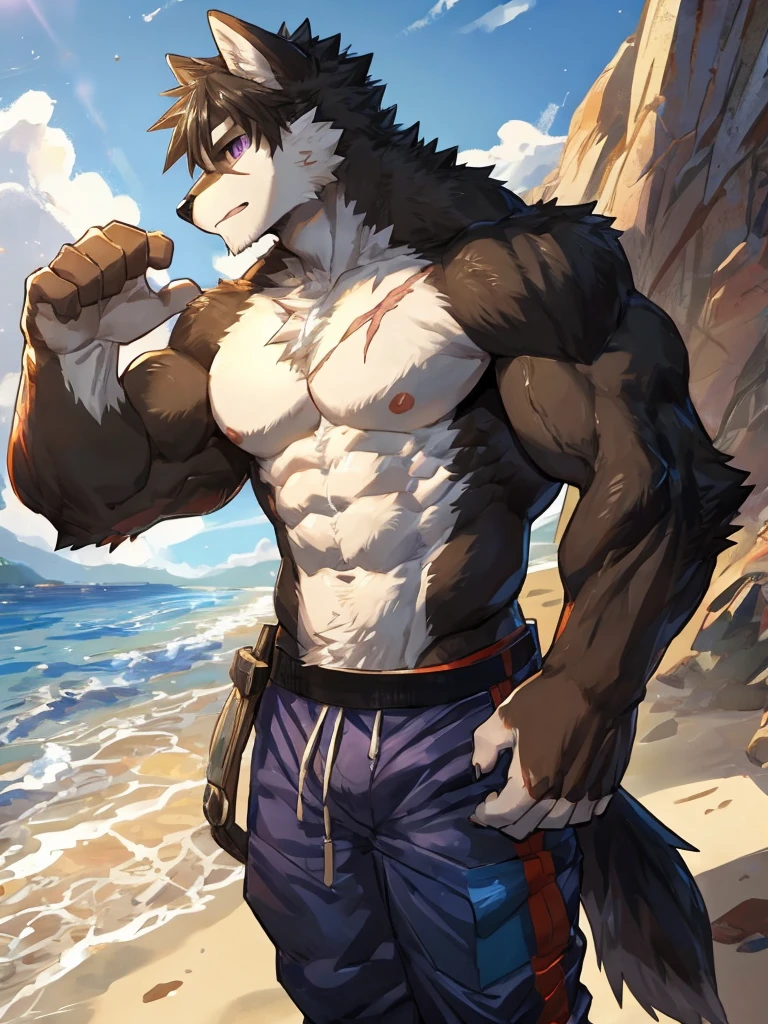 embedding:black wolf, male,purple eyes,Scar on the face, scar on the body,Single Person,beach pants,Mature, Beach background,The highest quality of scene detail,adult,Tall and powerful,muscle,Best quality hands, best quality eye,detailed fur,Delicate eyes.Extreme picture quality,by sollyz,by zixiong,by milkytiger1145