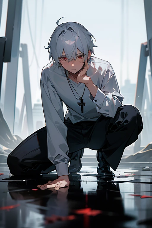 White sticky liquid、Well-built、male、Gray Hair、short hair、Red Eye、Cold-blooded man、Handsome、Cold Face、Well-formed face、Crouch down、Eyes are a little red、I bent over with my legs slightly apart.、Overall picture、Black long sleeve shirt、Black trousers、A puddle of thick 、blush、Cross Necklace、Blushed、I was impatient、Angle seen from a distance、The whole body is visible