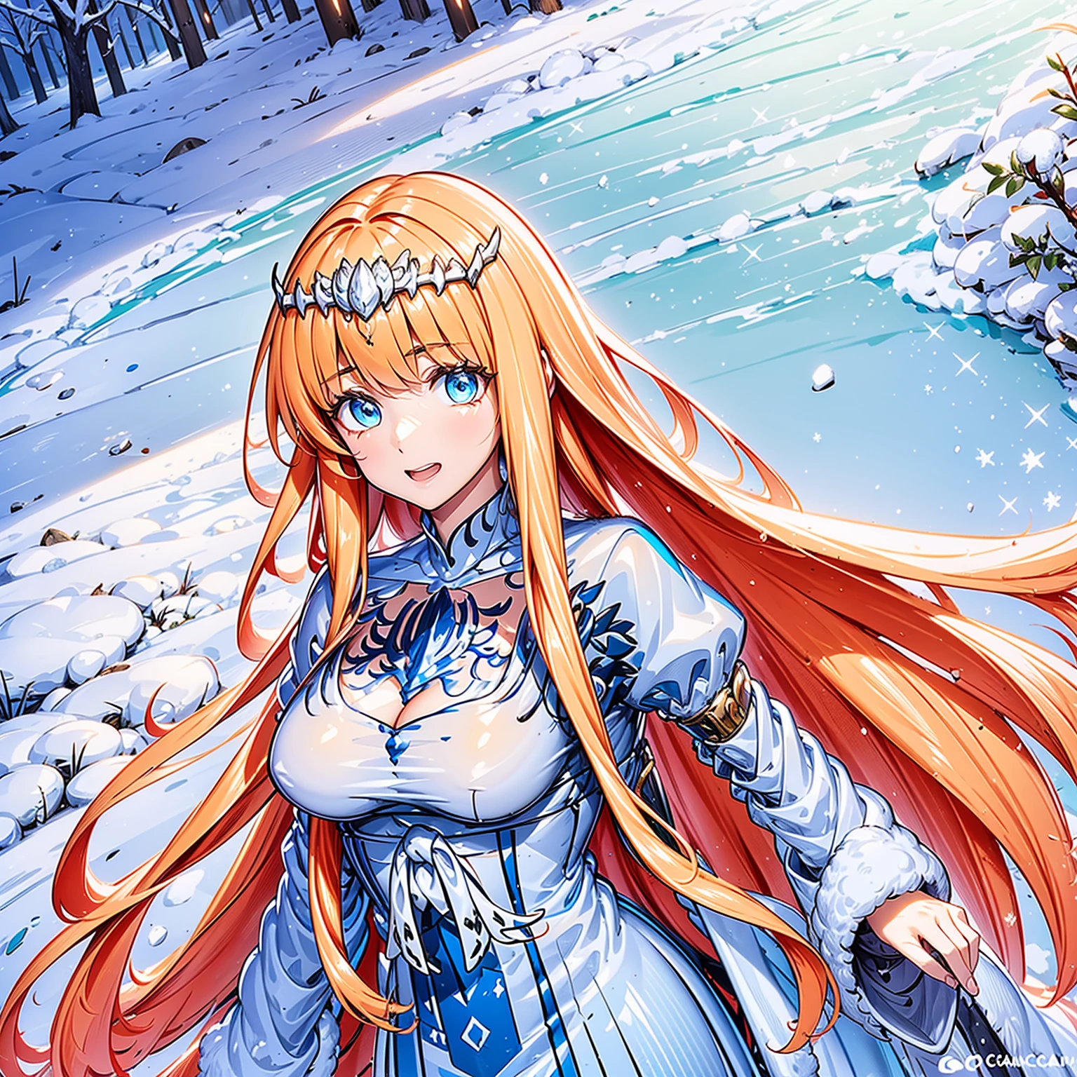 ,sacred, Have fun, gentleness,,(There is winter:1.3), Blue Eyes,maximalism,,The background is cold earth.,the person only, Beautifully detailed face,(wind and snow affect:1.1),Enchanted, 1girl, solo, Calca, Calca Bessarez, blonde hair, (extremely long hair:1.3), very long hair, white tiara, white dress, blue eyes, medium chest, long straight hair, mature female, 25 years old,