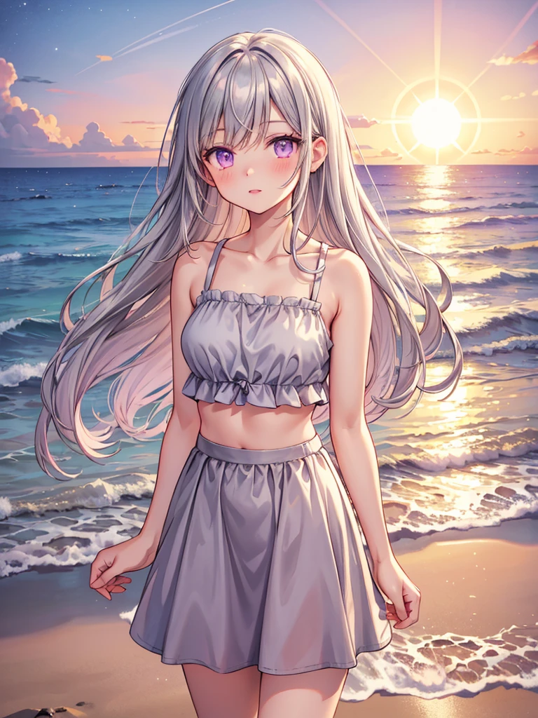 Genuine istic, one girl, gray hair, purple eyes, glowing eyes, cropped tops, skirts, lips away, blush, night, sun, sun, sun light, medium dress, moderate Hair of the length of, genuine, warm color, background color bright color, daytime environment, bright color background, beach, sea, cute,