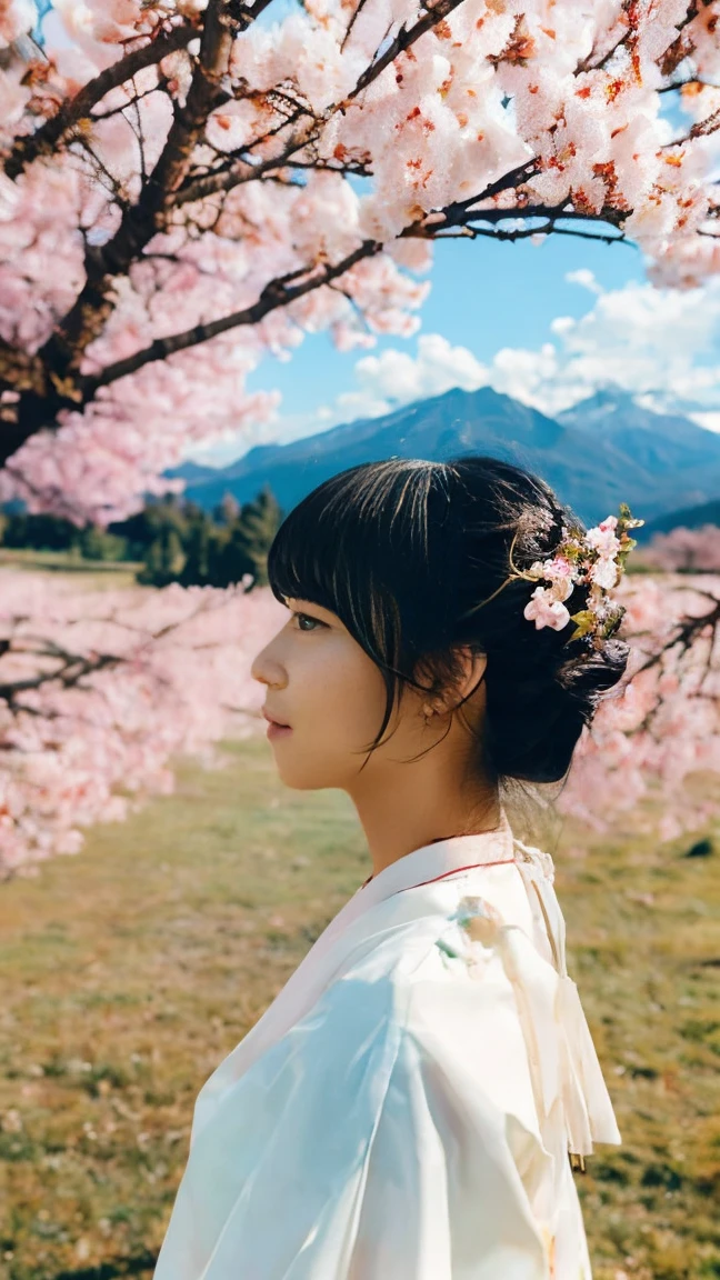 (Highest quality, masterpiece, Nsfw),(One girl, Shrine maiden, coat, expression, Iris, Look ahead ,Black Hair, walking, whole body, naked), (Night maze sky, Huge old tree behind, Shiny pink petals fall behind, The shrine behind, Mountain Background, Blowing Wind, meteor cloud)