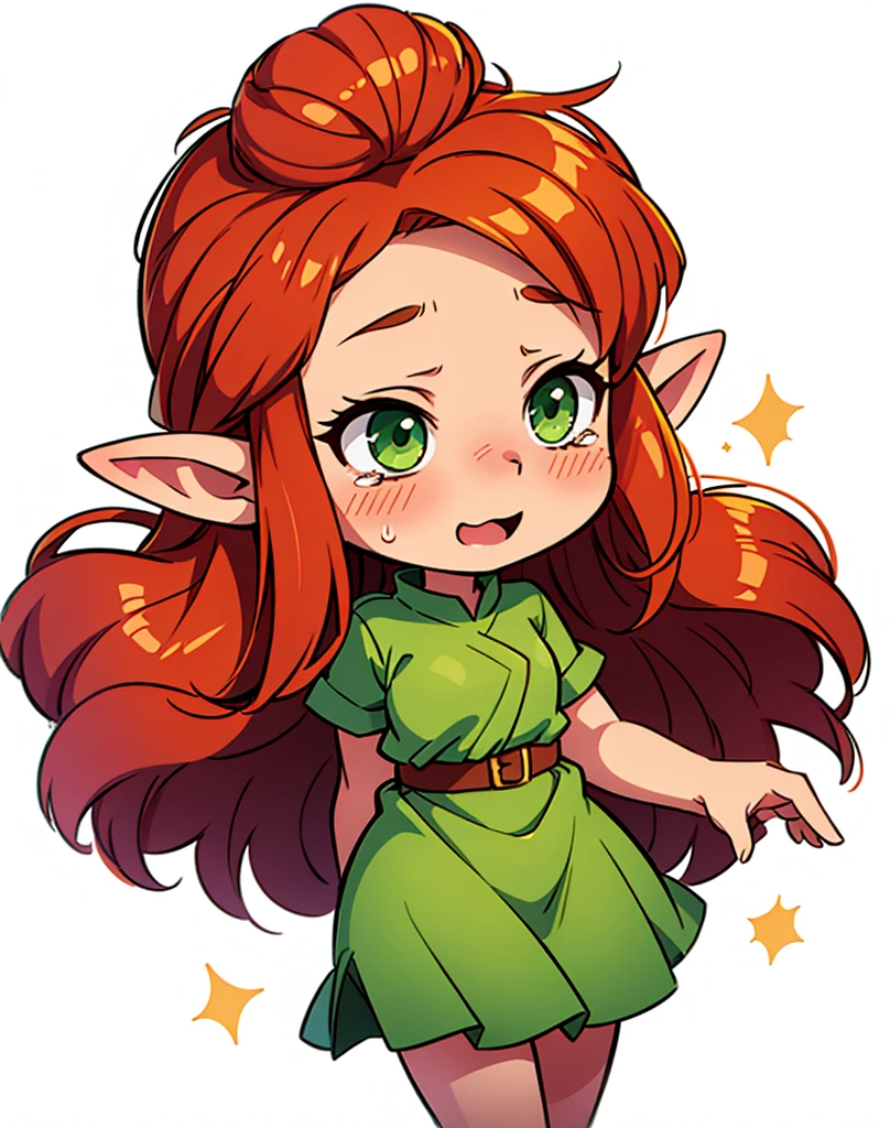 a chibi elf female, with long auburn hair, green eyes, slightly blushing, wearing a green dress, so joyful she's crying