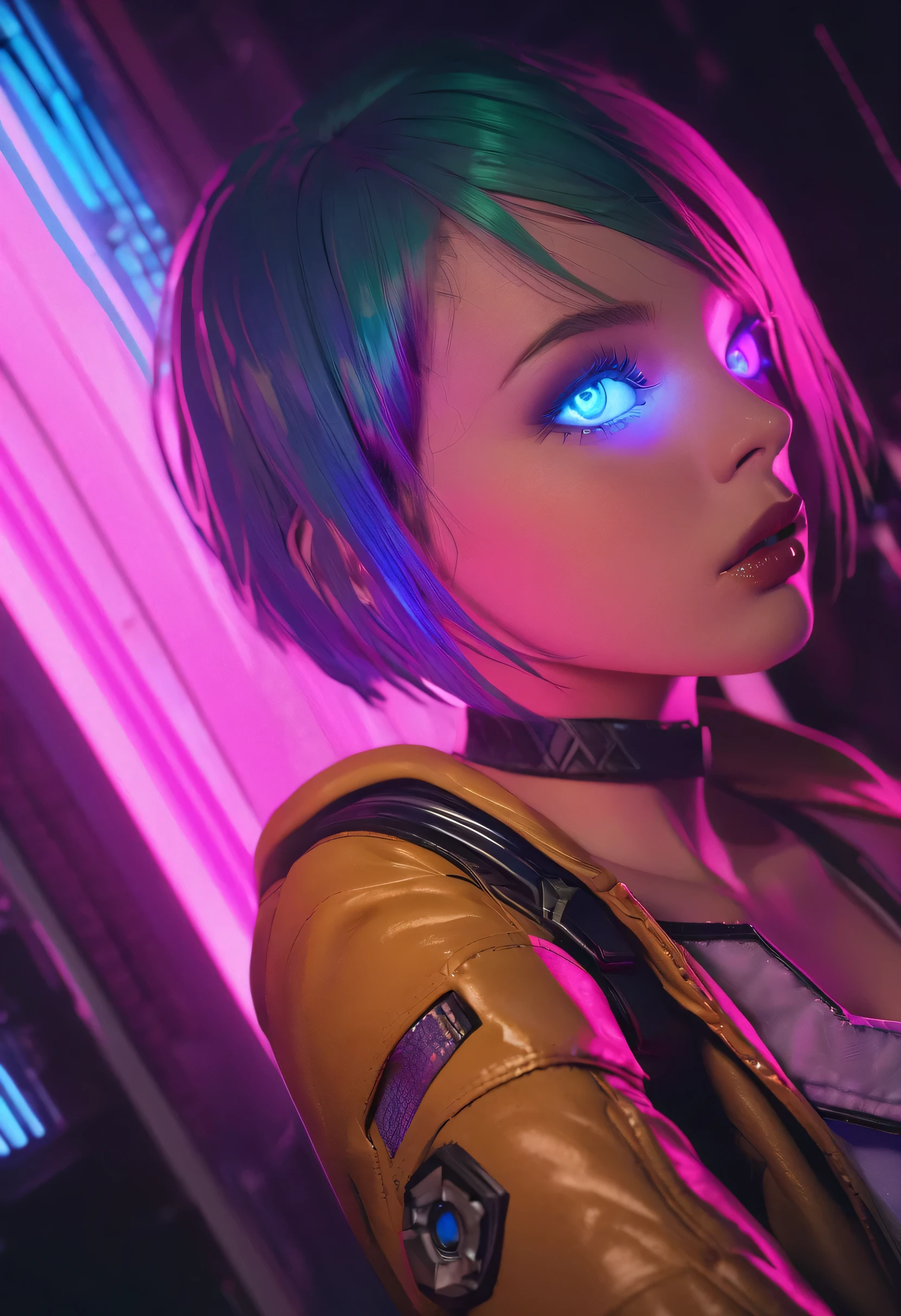 surreal surrealistic dreamlike masterpiece award winning extraordinary detailed work by chang kitchin vaporwave dystopian extremely detailed highly detailed futuristic cleveland ohio cinematic rim lighting octane rendering,
1girl, beautiful detailed eyes, beautiful detailed lips, extremely detailed face and eyes, long eyelashes,
intricately detailed colourful leather clothing, short hair cleavage, bare stomach, boots, bright glowing eyes
intricate, mesmerizing, captivating, surreal, bizarre, unsettling, ethereal, moody, atmospheric, cinematic lighting, volumetric lighting, dramatic shadows, intricate details, photorealistic, 8k, best quality, hyper detailed, sharp focus,
physically based rendering, vibrant colors, vivid colors, sexy, seductive, alluring.
side on, lighting from side, low key lighting. cyber punk City scene background.
shot from behind, perfect arse