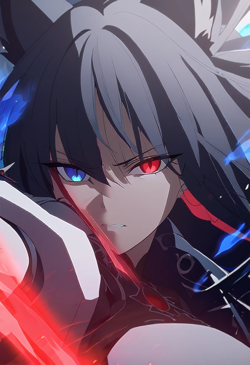 a beautiful blue and black kitsune, big breasts, long white hair, slim waist, detailed portrait, intricate details, dramatic lighting, mystical, elegant, sensual, long white tail, heterochromia(one blue eye,one red eye),wearing armor,attacking pose,alpha crimson wave,glowing eyes,surrounded by blue energy