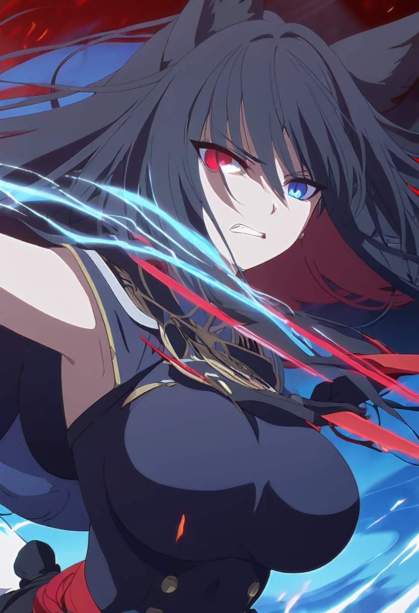a beautiful blue and black kitsune, big breasts, long blue and black hair, slim waist, detailed portrait, intricate details, dramatic lighting, mystical, elegant, sensual, long white tail, heterochromia (one blue eye, one red eye), holding a bow, blue fire coming from one eye, attacking pose, Alpha crimson wave, ((punishing gray raven))