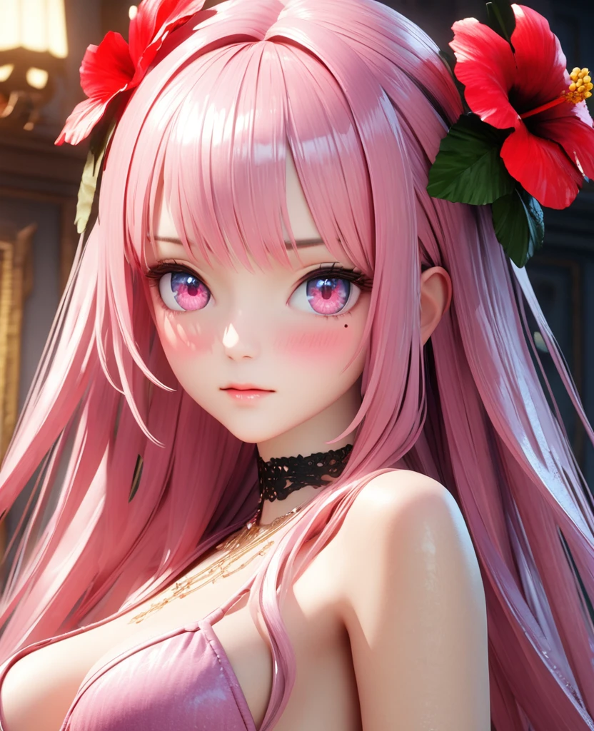 masterpiece,highest quality, Very detailed, High resolution, expensive resolution, High resolution, 4K, 8k, unity 8k wallpaper, Very detailed CG, masterpiece, 2D, 3D, Beautiful details, depth, Fine texture , highest quality: 1.3, Fully focused, Crispy.skin, .he,
Very cute anime girl 、bikini、Large Breasts、Pink medium-long hair wearing expensive , Two Girls、Holding a gun, Mole under the eye, looking at the viewer , expensive , blush, Mole, Lips parted, Hibiscus Hair Accessories, heart, Pink Eyes, choker