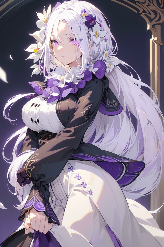 (best quality:1.3), (masterpiece:1.3), (illustration:1.3), (ultra-detailed:1.3), 1girl, (((large breasts))), ((((purple eyes))), (((white hair))), hair ornaments, tall, mature, long hair, black tailcoat, ascot, long sleeves, white long pants, purple flowers, hair ornament, french braids, nice hands, perfect hands, mature, low ponytail,